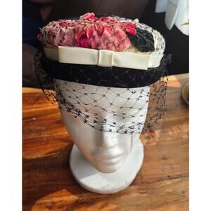 1960's Pillbox Style Hat Silk Flowers Netting Face Covering Satin Bow Romantic